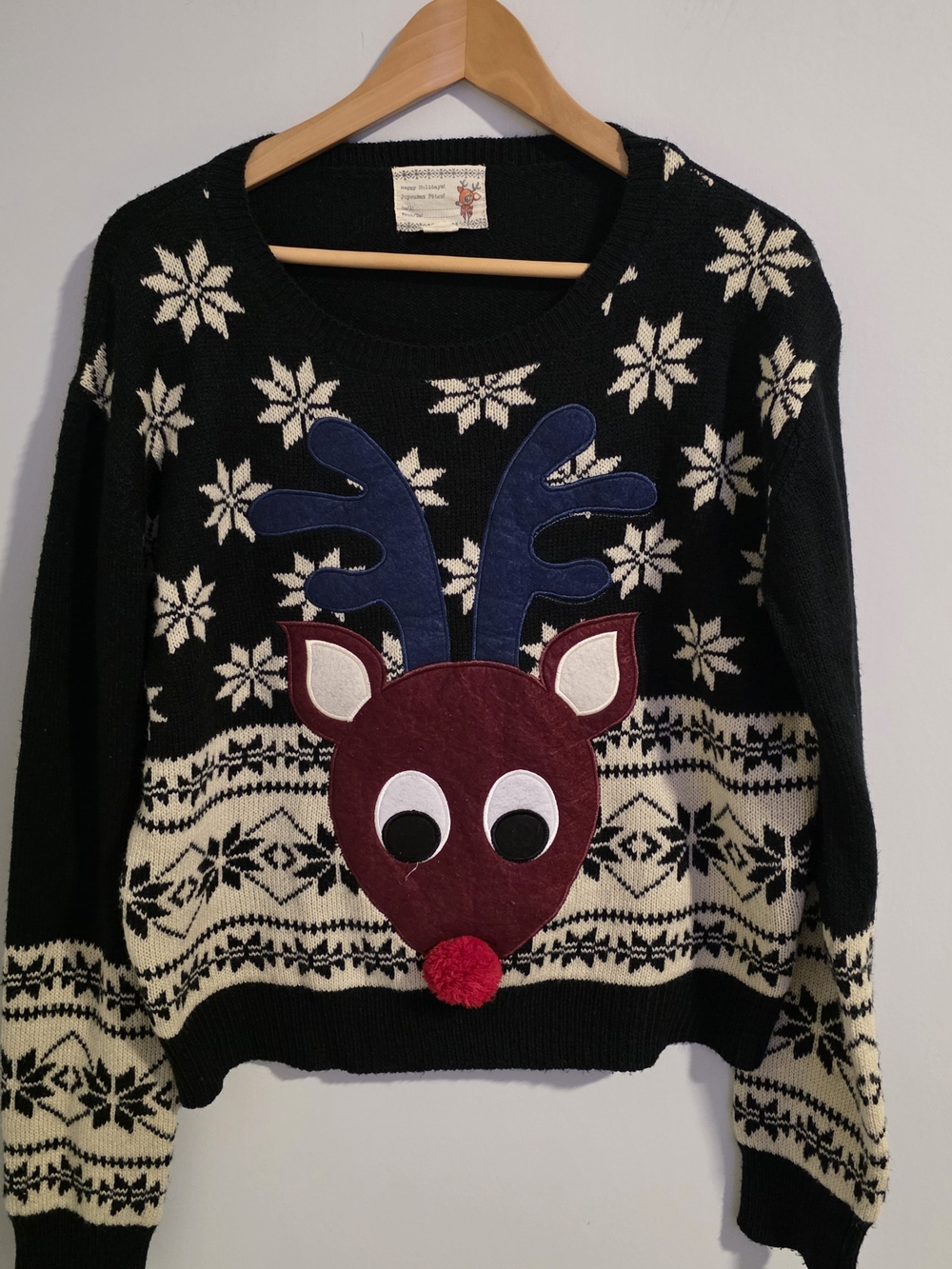 Happy Holidays Reindeer Ugly Christmas Sweater Black L